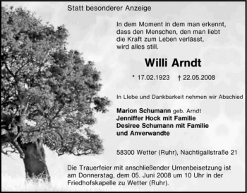 Traueranzeige von Willi Arndt von Tageszeitung