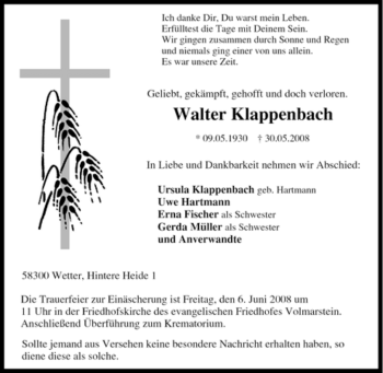 Traueranzeige von Walter Klappenbach von Tageszeitung