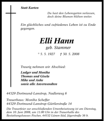 Traueranzeige von Elli Hann von Tageszeitung