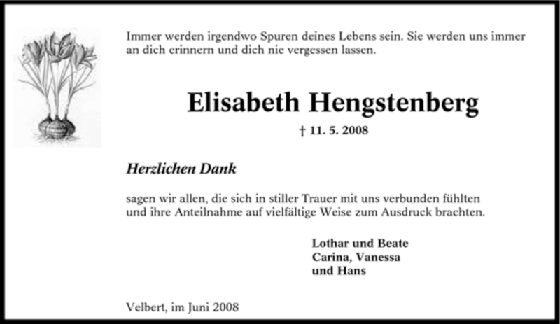 Traueranzeigen von Elisabeth Hengstenberg TrauerinNRW.de