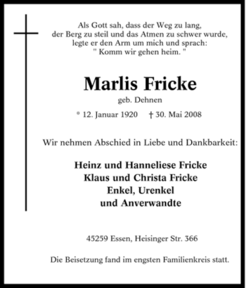 Traueranzeige von Marlis Fricke von Tageszeitung