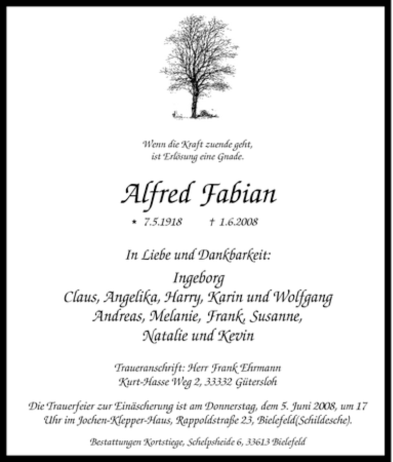 Traueranzeige für Alfred Fabian vom 04.06.2008 aus Tageszeitung