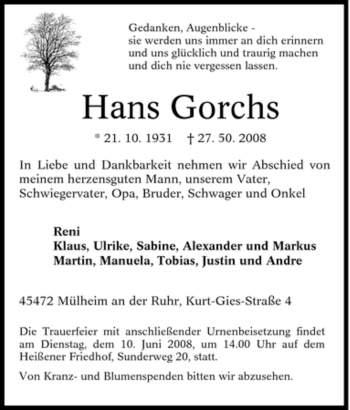 Traueranzeige von Hans Gorchs von Tageszeitung