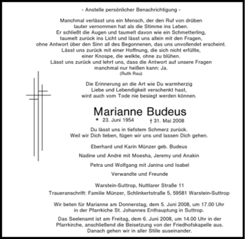 Traueranzeige von Marianne Budeus von Tageszeitung