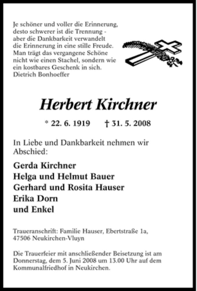  Traueranzeige für Herbert Kirchner vom 04.06.2008 aus Tageszeitung