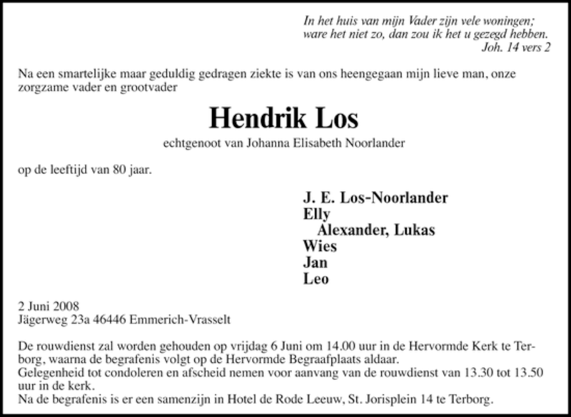  Traueranzeige für Hendrik Los vom 04.06.2008 aus Tageszeitung