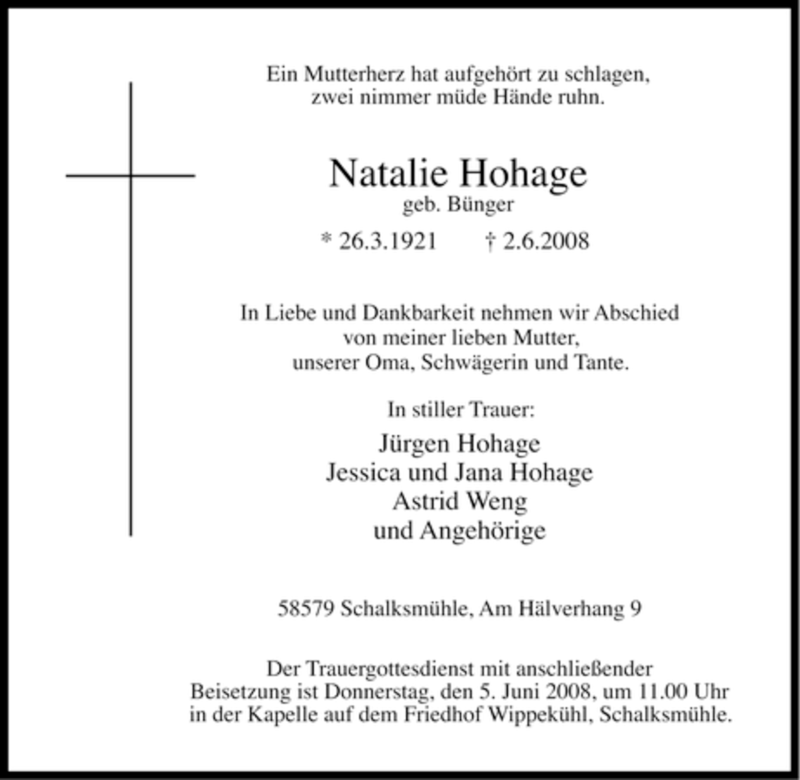  Traueranzeige für Natalie Hohage vom 04.06.2008 aus Tageszeitung