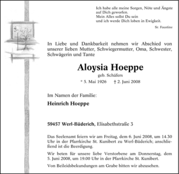 Traueranzeige von Aloysia Hoeppe von Tageszeitung