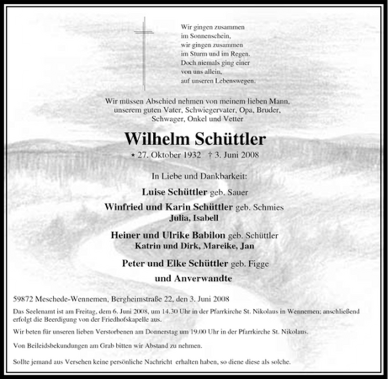  Traueranzeige für Wilhelm Schüttler vom 04.06.2008 aus Tageszeitung