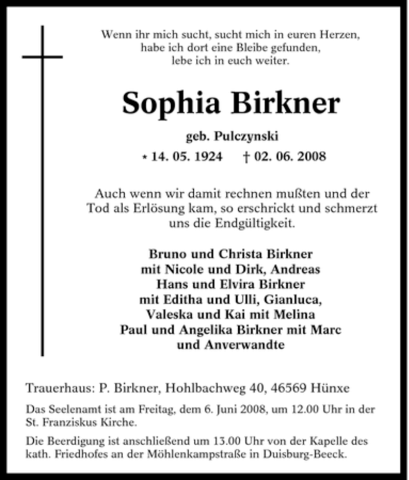  Traueranzeige für Sophia Birkner vom 04.06.2008 aus Tageszeitung