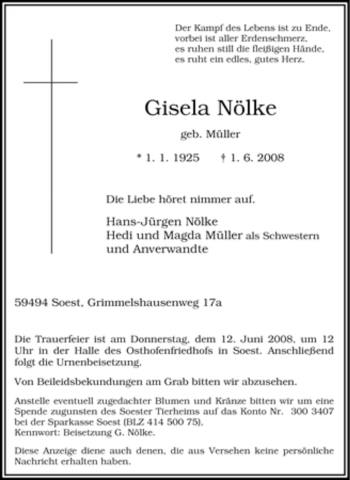Traueranzeige von Gisela Nölke von Tageszeitung