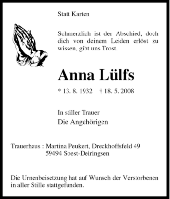 Traueranzeige von Anna Lülfs von Tageszeitung