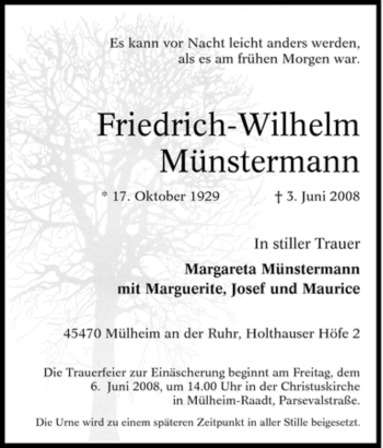 Traueranzeige von Friedrich-Wilhelm Münstermann von Tageszeitung