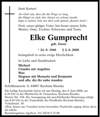 Traueranzeige von Elke Gumprecht von Tageszeitung