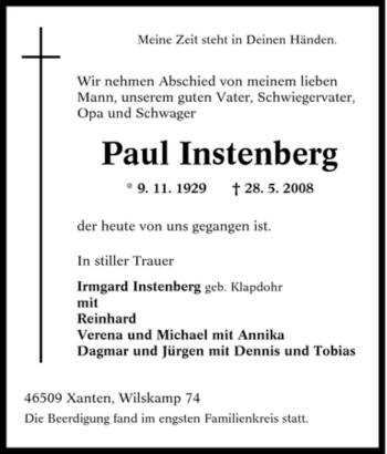 Traueranzeige von Paul Instenberg von Tageszeitung