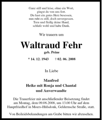 Traueranzeige von Waltraud Fehr von Tageszeitung
