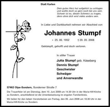 Traueranzeige von Johannes Stumpf von Tageszeitung
