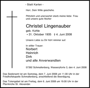Traueranzeige von Christel Lingenauber von Tageszeitung