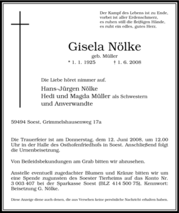 Traueranzeige von Gisela Nölke von Tageszeitung
