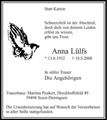 Traueranzeige von Anna Lülfs von Tageszeitung