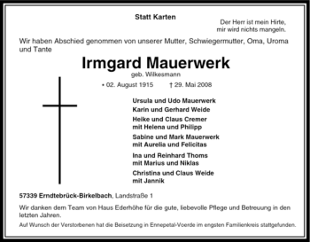 Traueranzeige von Irmgard Mauerwerk von Tageszeitung
