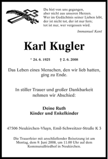 Traueranzeige von Karl Kugler von Tageszeitung