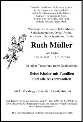Traueranzeige von Ruth Müller von Tageszeitung