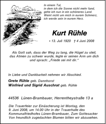 Traueranzeige von Kurt Rühle von Tageszeitung