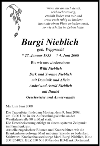 Traueranzeige von Burgi Nieblich von Tageszeitung