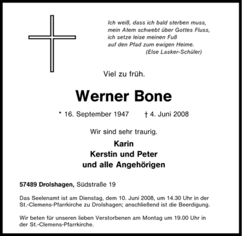  Traueranzeige für Werner Bone vom 06.06.2008 aus Tageszeitung