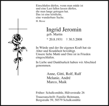 Traueranzeige von Ingrid Jeromin von Tageszeitung