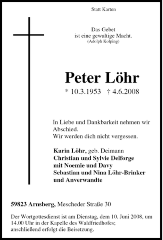  Traueranzeige für Peter Löhr vom 06.06.2008 aus Tageszeitung