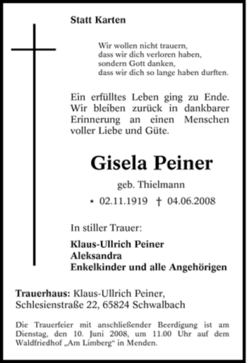 Traueranzeige von Gisela Peiner von Tageszeitung