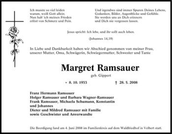 Traueranzeige von Margret Ramsauer von Tageszeitung