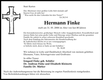 Traueranzeige von Hermann Finke von Tageszeitung