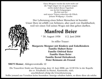 Traueranzeige von Manfred Beier von Tageszeitung