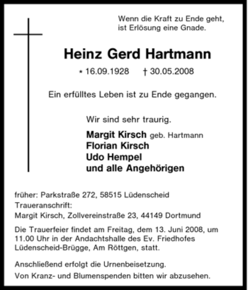 Traueranzeige von Heinz Gerd Hartmann von Tageszeitung