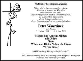 Traueranzeige von Petra Wawrzinek von Tageszeitung