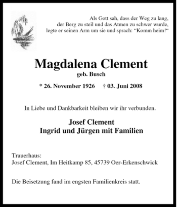 Traueranzeige von Magdalena Clement von Tageszeitung