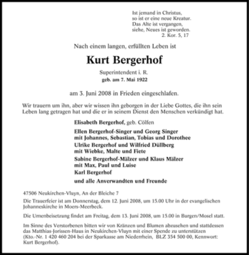 Traueranzeige von Kurt Bergerhof von Tageszeitung