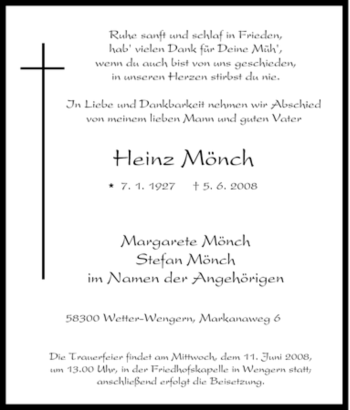 Traueranzeige von Heinz Mönch von Tageszeitung