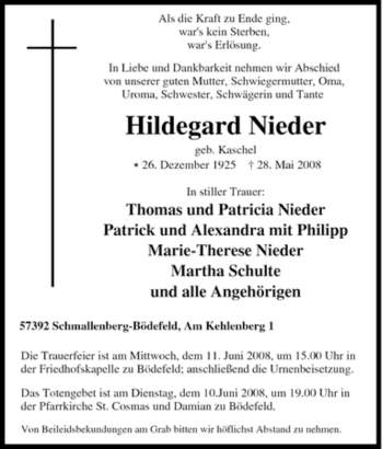 Traueranzeige von Hildegard Nieder von Tageszeitung
