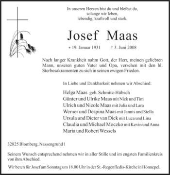 Traueranzeige von Josef Maas von Tageszeitung