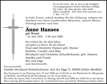Traueranzeige von Änne Hanses von Tageszeitung