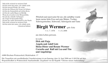 Traueranzeige von Birgit Wermer von Tageszeitung
