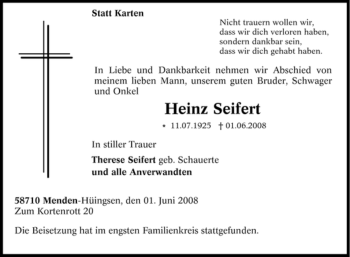 Traueranzeige von Heinz Seifert von Tageszeitung