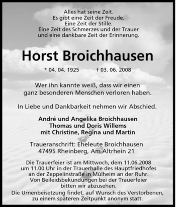 Traueranzeige von Horst Broichhausen von Tageszeitung