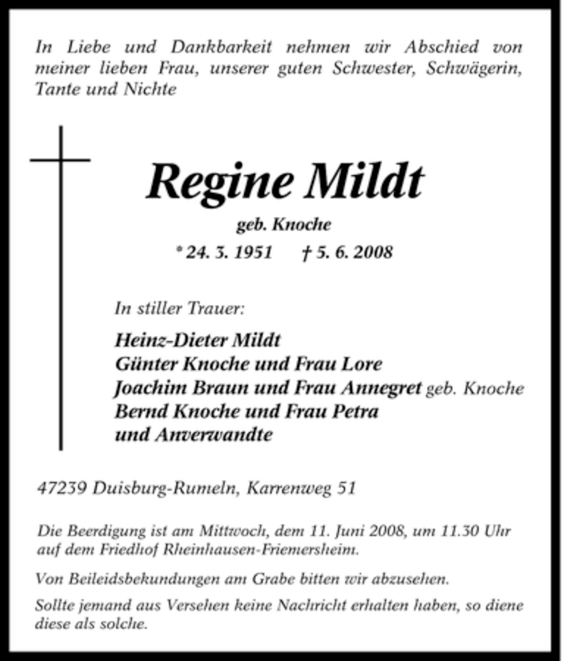  Traueranzeige für Regine Mildt vom 07.06.2008 aus Tageszeitung