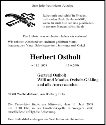 Traueranzeige von Herbert Ostholt von Tageszeitung