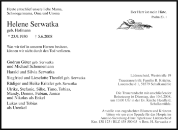 Traueranzeige von Helene Serwatka von Tageszeitung